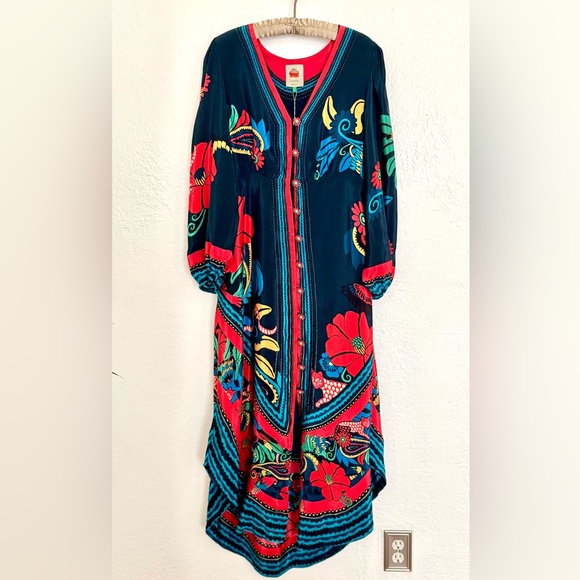 FARM Rio Blue Vintage Forest Midi Dress, Navy Blue Silky Viscose, Large - Picture 2 of 14